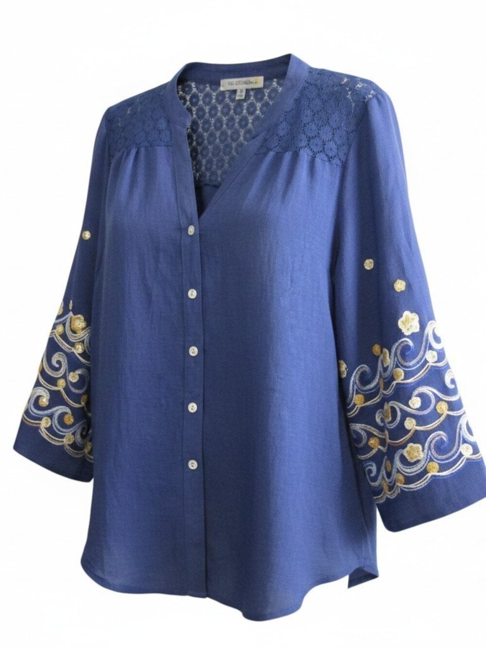 Figueroa & Flower Blue Embroidered Button Up Top Size M Lace Yoke Wave Camisole